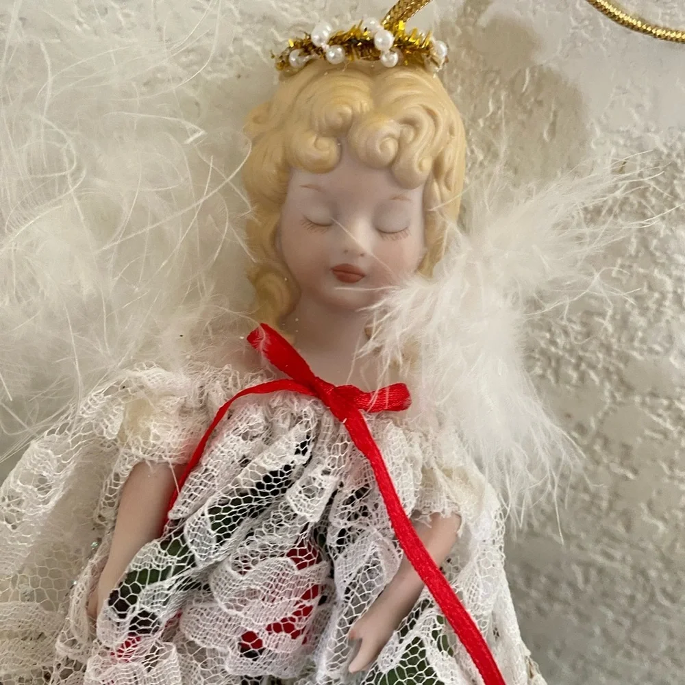 VTG Angel Feather Wings Porcelain Face Ornament Lace Dress Roses Baby Breath 8”L